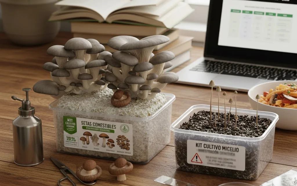 Kit de cultivo de setas comestibles junto a un kit cultivo hongos psilocybe sobre una mesa, mostrando diferencias entre ambos tipos de cultivo doméstico.