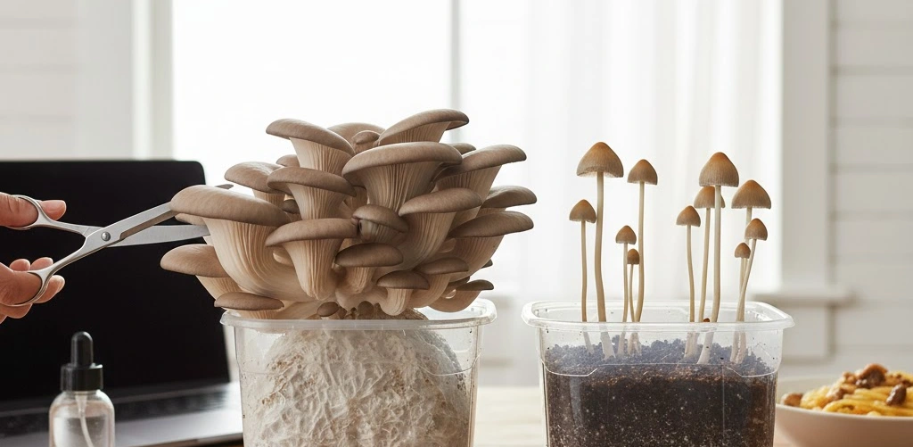 Persona cortando un kit de setas comestibles mientras otro kit de micelio crece a su lado, ilustrando el proceso de cultivo de hongos en casa.