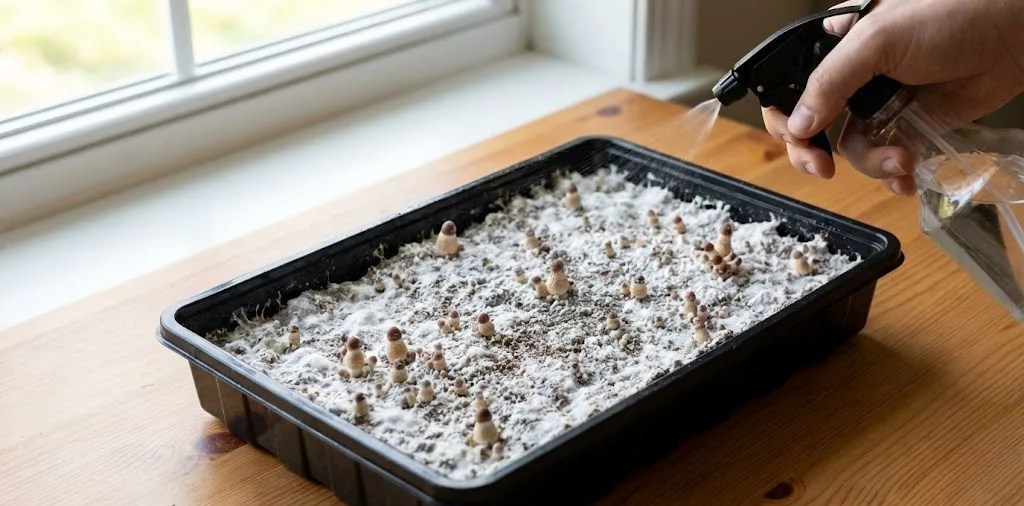 Mano pulverizando agua sobre un kit de cultivo de setas en fase inicial, mostrando el cuidado de humedad necesario para que el micelio fructifique correctamente.