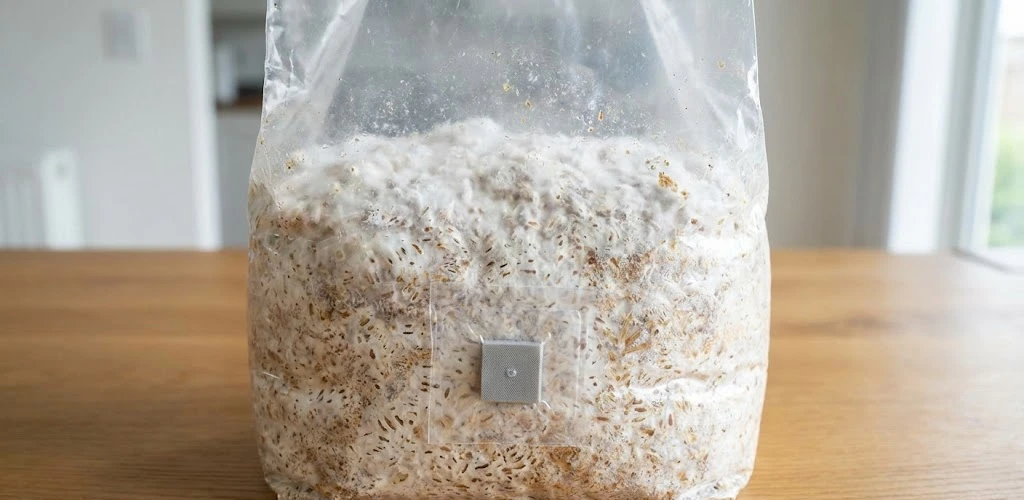 Bolsa de cultivo de hongos con sustrato completamente colonizado por micelio fúngico