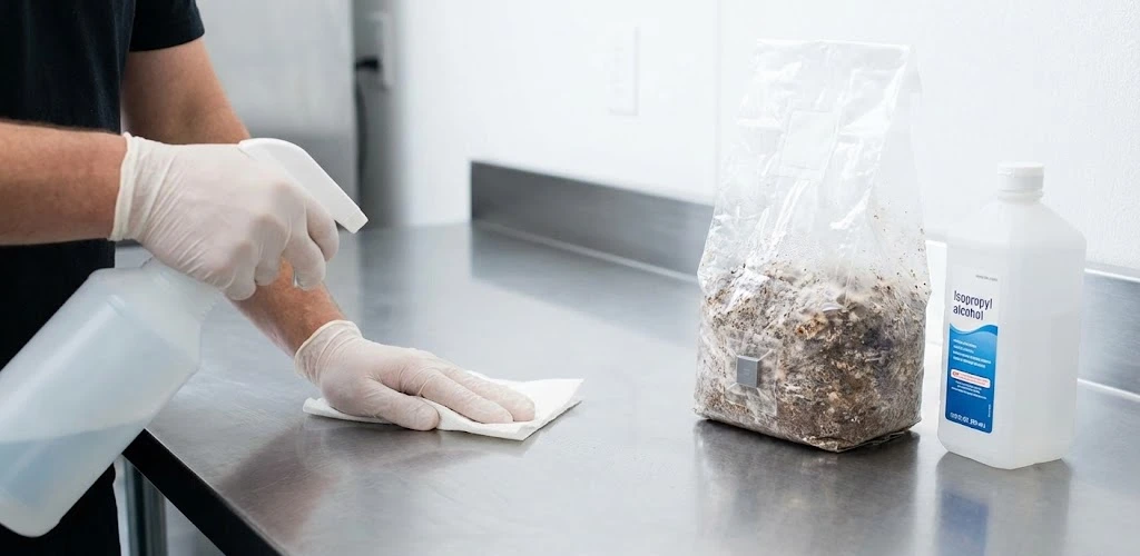 Preparación higiénica del entorno de trabajo junto a una bolsa de cultivo de hongos para evitar contaminaciones