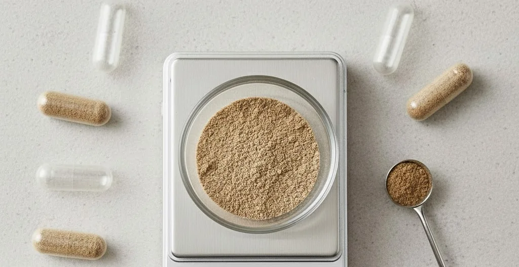 Dosificación orientativa de polvo de setas medida en balanza de precisión junto a cápsulas transparentes