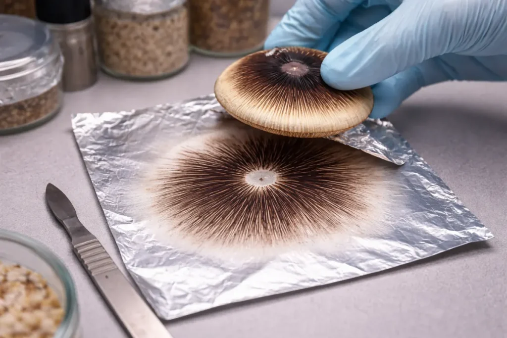 Esporada de hongos formada por la caída de esporas de setas desde el sombrero sobre papel de aluminio