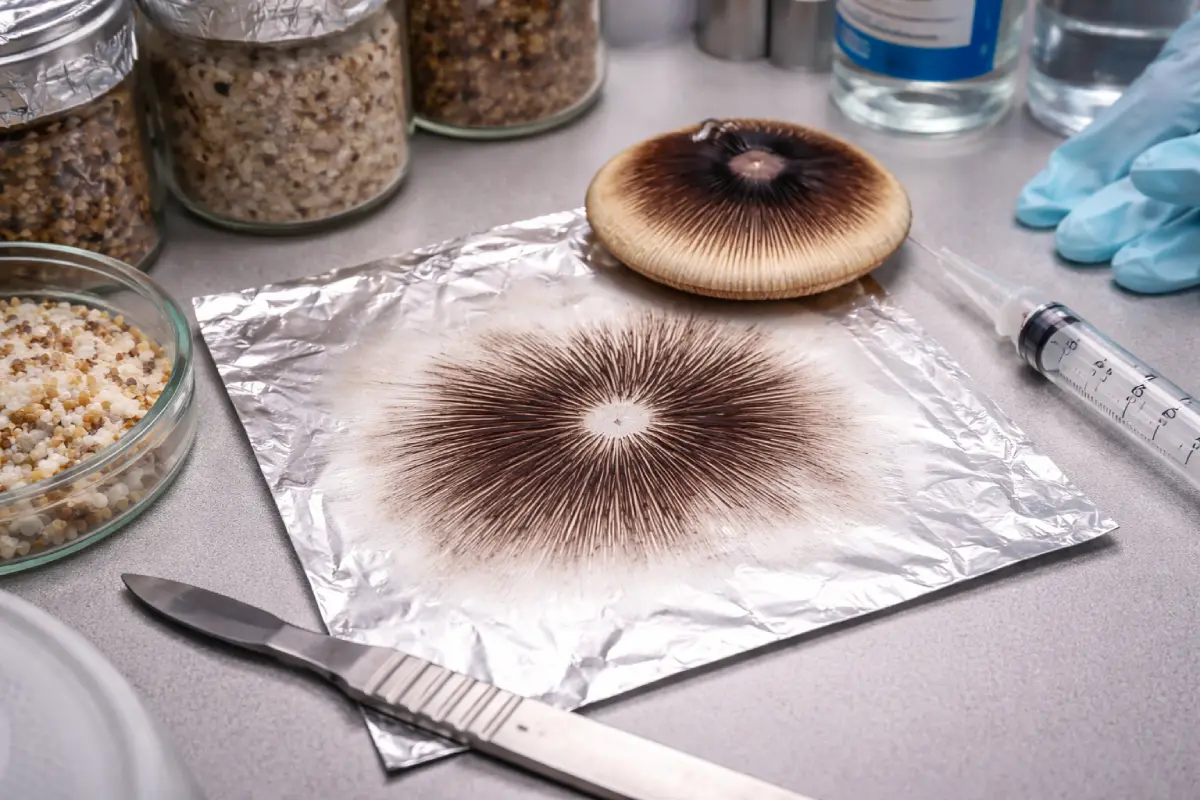 Esporada de esporas de hongos obtenida a partir de un sombrero de seta sobre papel de aluminio en un entorno de cultivo controlado