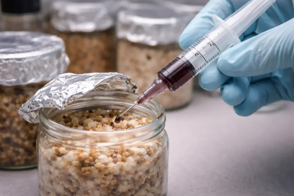 Proceso de inoculación con esporas de hongos en un entorno de cultivo estéril utilizando material desinfectado