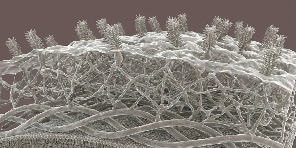 Representación tridimensional del micelio de hongos formado por una red de hifas entrelazadas que constituyen la estructura biológica del micelio fúngico
