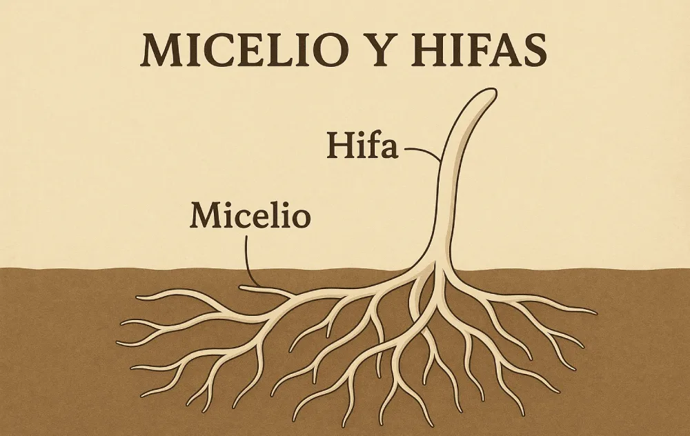 Ilustración explicativa que muestra la diferencia entre las hifas, filamentos individuales del hongo, y el micelio, red formada por la unión de muchas hifas