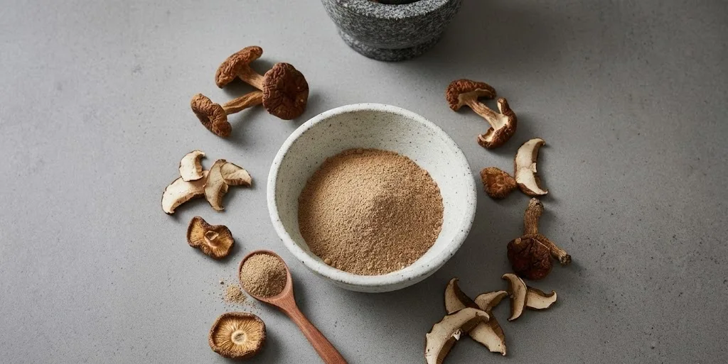 Polvo de setas elaborado a partir de setas deshidratadas acompañado de piezas enteras y laminadas sobre una superficie neutra