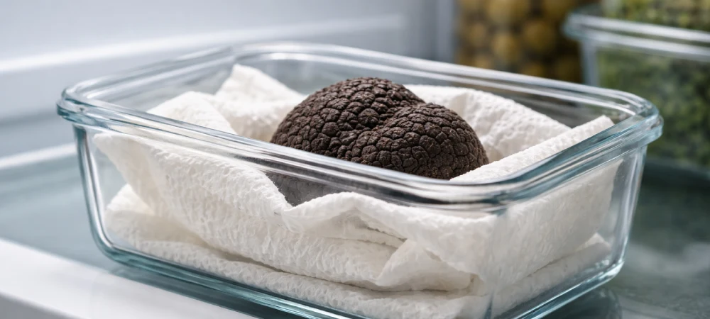 Trufa fresca envuelta en papel absorbente dentro de un recipiente de vidrio en refrigeración