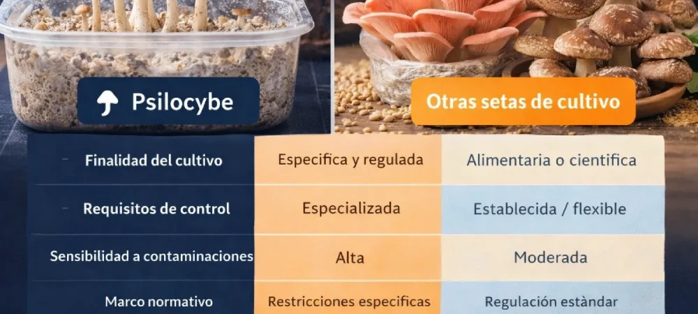 Comparación visual entre setas Psilocybe y otras setas de cultivo mostrando diferencias en uso y control