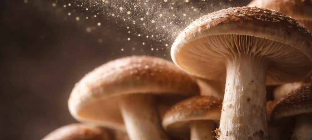 Esporas de setas dispersándose desde sombreros maduros en imagen macro de estilo científico