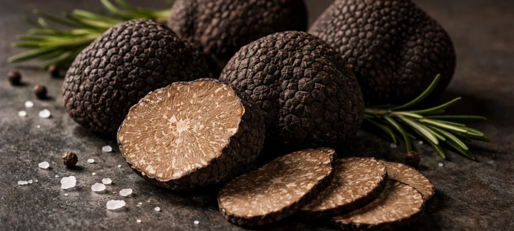 Trufas negras frescas sobre superficie de piedra oscura en fotografía gastronómica para el método de cómo conservar trufas