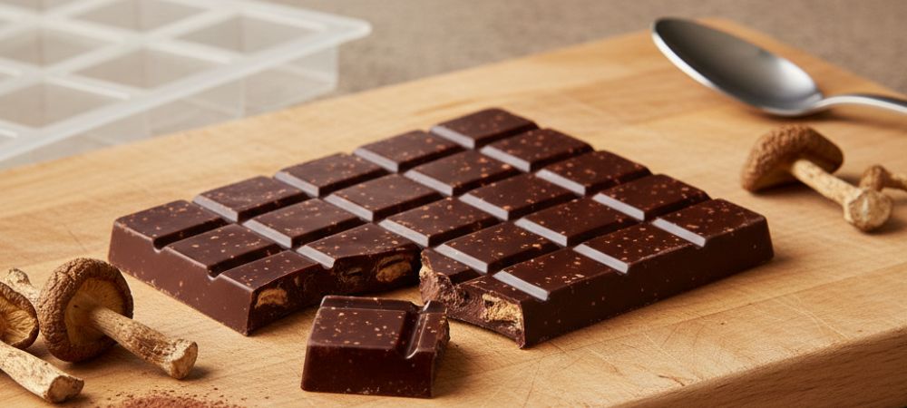 Chocohongos en formato tableta con trozos visibles de chocolate de hongos