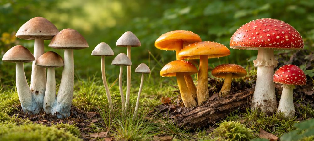 Guía de setas con diferentes tipos de setas y variedades identificables en la naturaleza