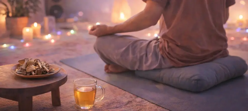  Persona sentada sobre un cojín de yoga en un entorno tranquilo, con iluminación suave, una mesa con setas secas alucinógenas y un vaso de té, creando una atmósfera de relajación y serenidad