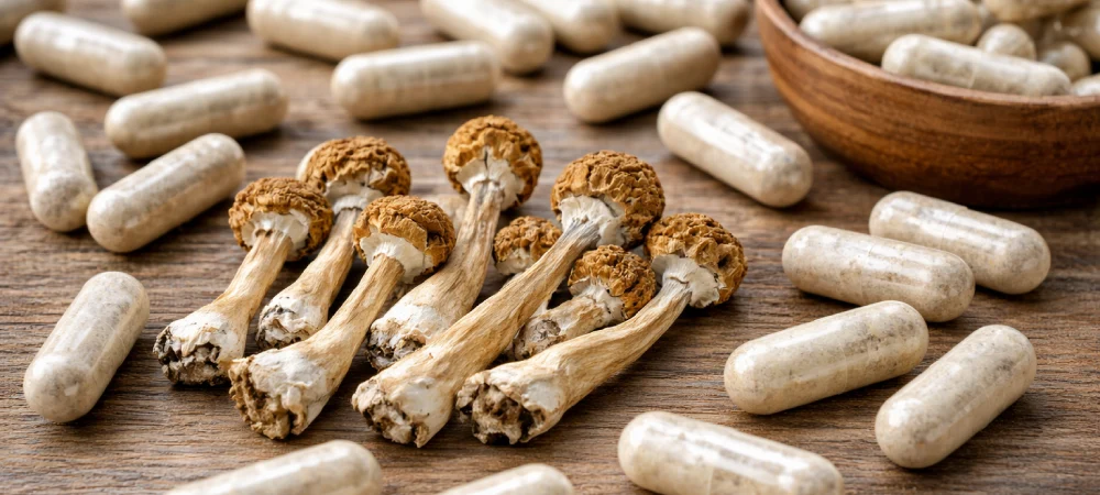 microdosis con trufas magicas preparadas en capsulas sobre mesa de madera