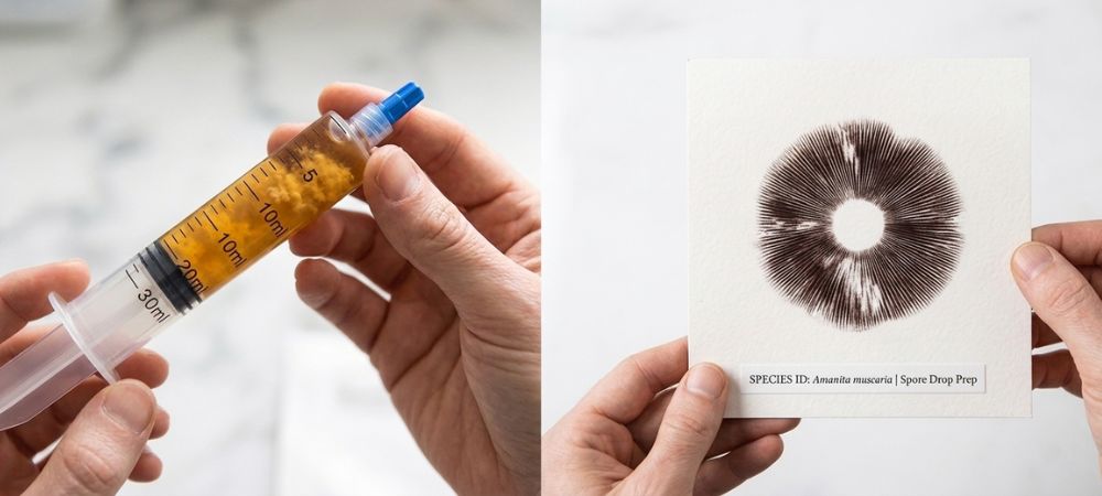 comparativa de un vial de esporas con un sello de esporas para ver diferencias principales