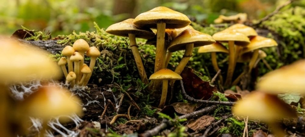 Primer plano de setas silvestres para observar cómo crecen los hongos en su fase tanto adulta como temprana