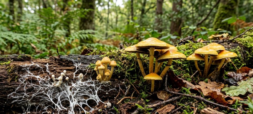 cómo crecen los hongos sobre madera en un bosque húmedo