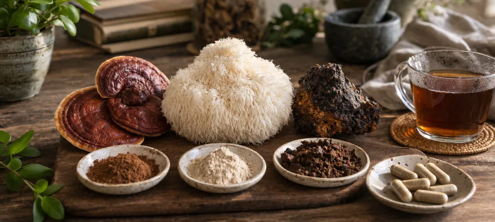 hongos funcionales reishi lions mane y chaga con infusion y capsulas en mesa