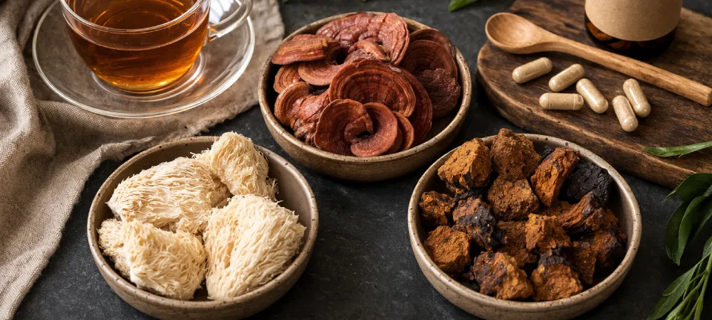 hongos medicinales reishi lions mane y chaga con extractos en polvo y capsulas