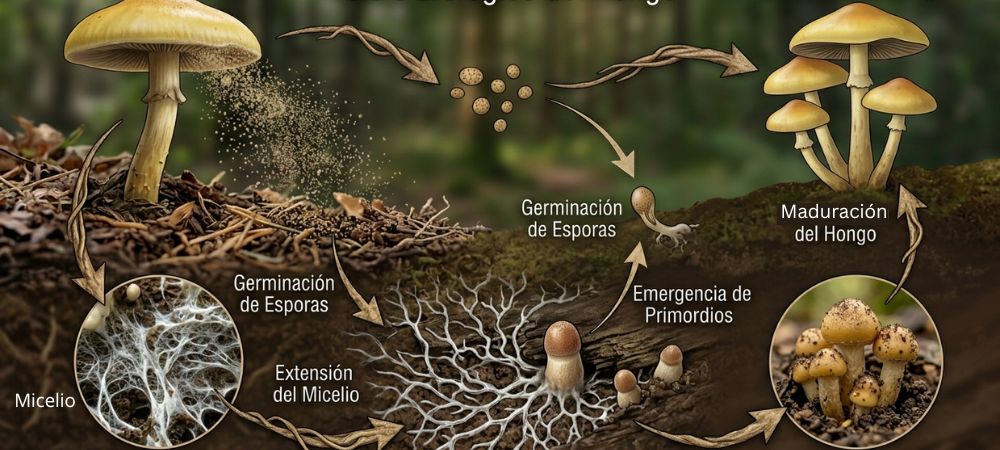 cómo crecen los hongos paso a paso desde la espora hasta la maduración