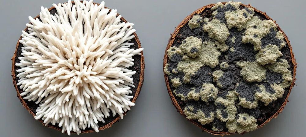 Comparativa de una pan de setas y otro que ha muerto a causa del Trichoderma en pan de setas
