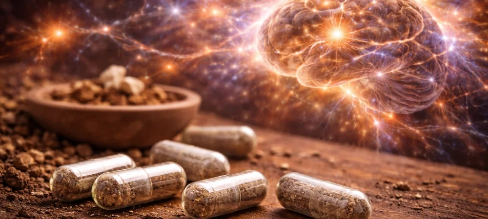 Cápsulas con psilocibina junto a representación de cerebro con conexiones neuronales activas y red sináptica iluminada