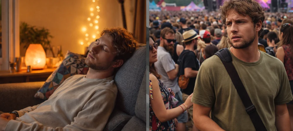 diferencia entre set and setting entorno tranquilo en casa frente a ambiente caotico en festival